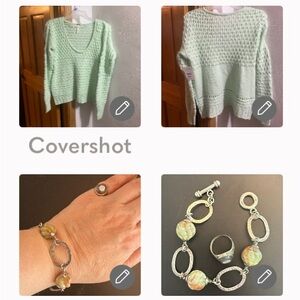 🍀💚Free People Sweater XSP+9O scroll ring sz7+heavy 925 link bracelet 8”